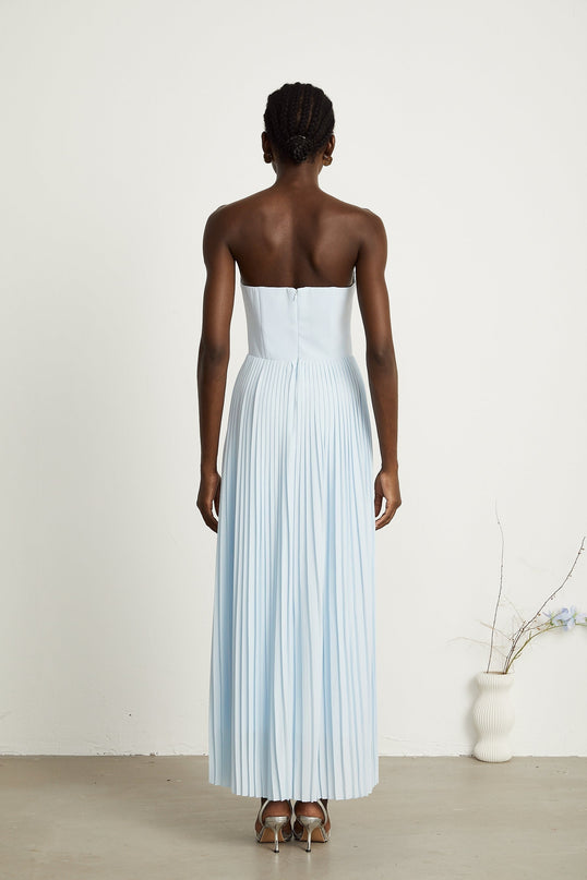 Jessica Blue Maxi Dress Corset Style Pleated Skirt Sleeveless Comfort Luxury