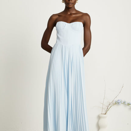 Jessica Blue Maxi Dress Elegant Off-Shoulder Corset Style Pleated Skirt Sleeveless Luxury Fashion