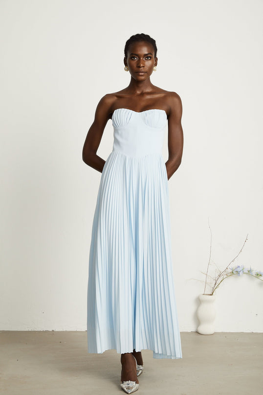 Jessica Blue Maxi Dress Elegant Off-Shoulder Corset Style Pleated Skirt Sleeveless Luxury Fashion