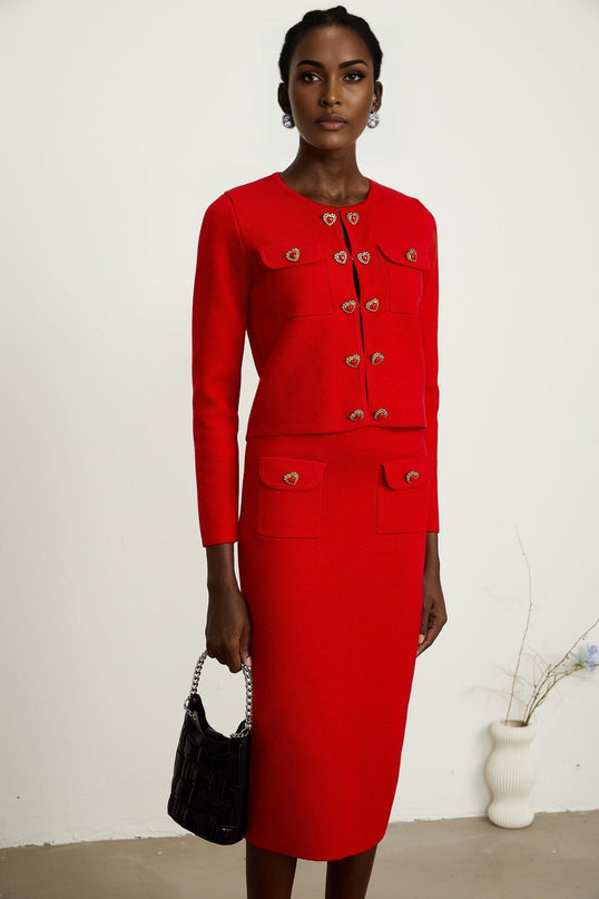 Jessica red sweetheart knitted cardigan  skirt matching set