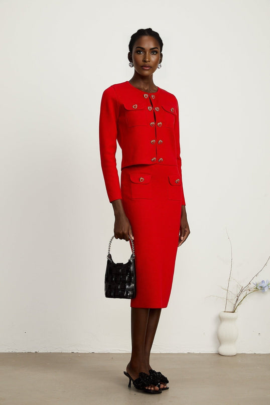 Jessica red sweetheart knitted cardigan  skirt matching set