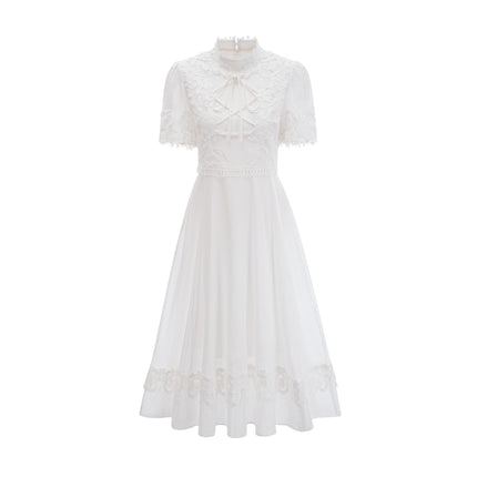 Jessica White Floral Lace Midi Dress in Cotton with Mock Neck and Short Sleeves