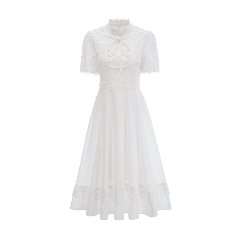 Jessica White Floral Lace Midi Dress in Cotton with Mock Neck and Short Sleeves