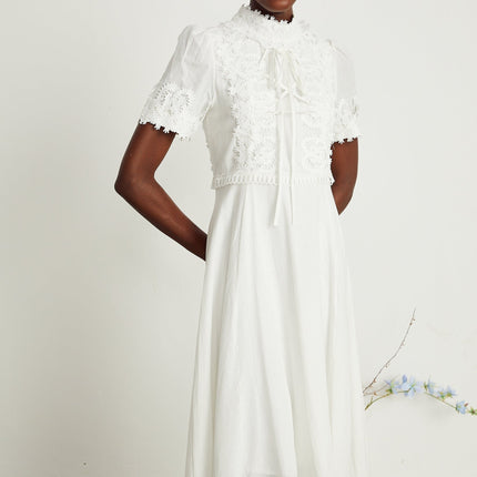 Jessica White Floral Lace Midi Dress 100% Cotton Mock Neck Short Sleeves A-line Skirt Calf-Length