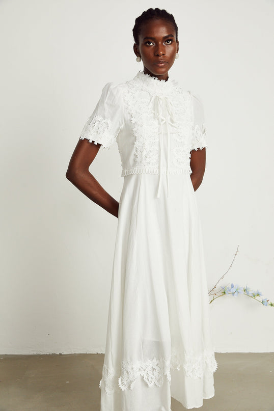Jessica White Floral Lace Midi Dress 100% Cotton Mock Neck Short Sleeves A-line Skirt Calf-Length