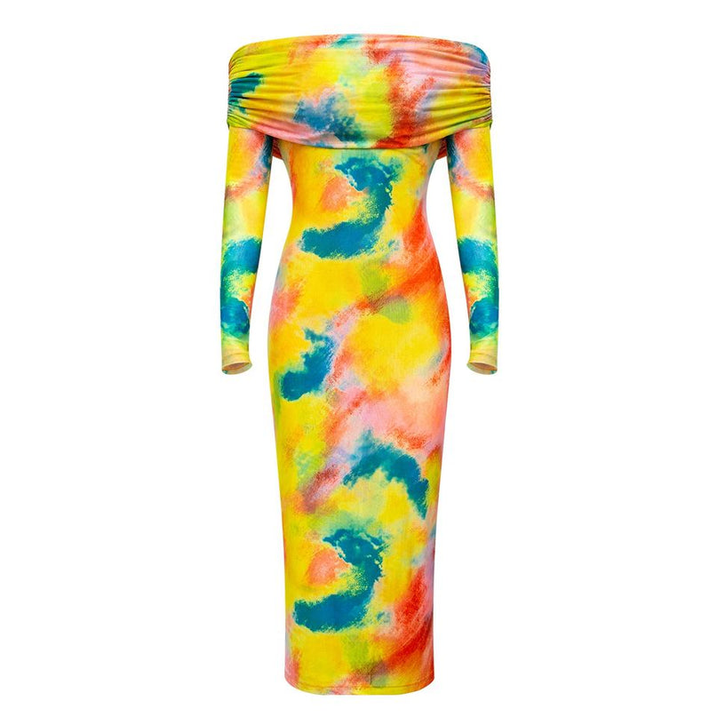 Jessica wearing Yellow Off Shoulder Long Sleeve Tie Dye Bodycon Dress for club nights and parties