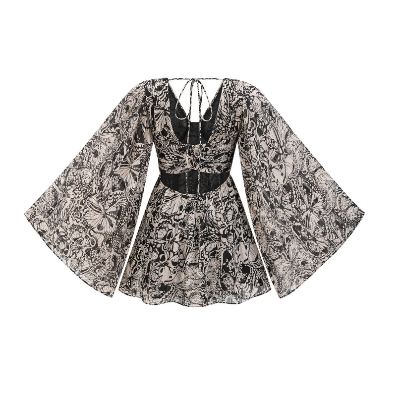 Joanna Black and White Silk Mini Dress with V-Neckline and Cut-Out Design
