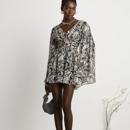 Joanna Black White Silk Mini Dress V-neck Cut-out Long Sleeves