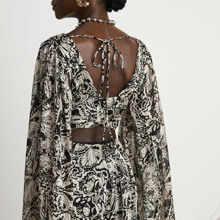 Joanna Black White Silk Mini Dress V-neck Cut-out Long Sleeves Tie Fastening Pattern Print