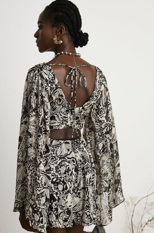 Joanna Black White Silk Mini Dress V-neck Cut-out Long Sleeves Tie Fastening Pattern Print