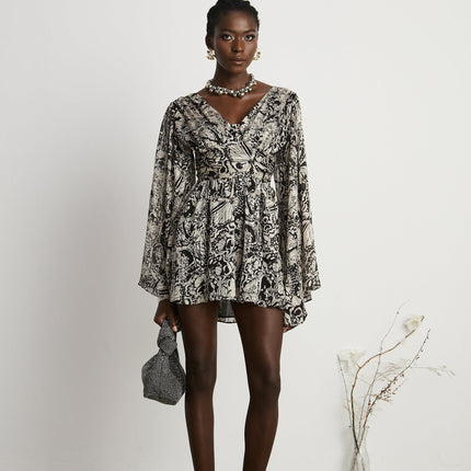 Joanna Black White Silk Mini Dress V-neck Cut-out Long Sleeve Chic Pattern Print