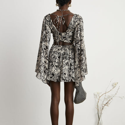 Joanna Black White Silk Mini Dress V-Neck Cut-Out Long Sleeves