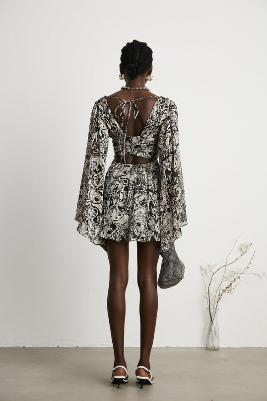 Joanna Black White Silk Mini Dress V-Neck Cut-Out Long Sleeves