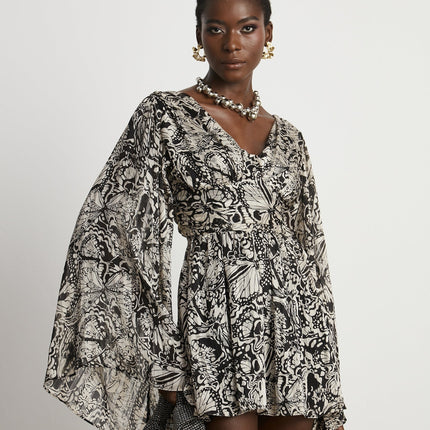 Joanna Black and White Silk Mini Dress with Cut-Out Design