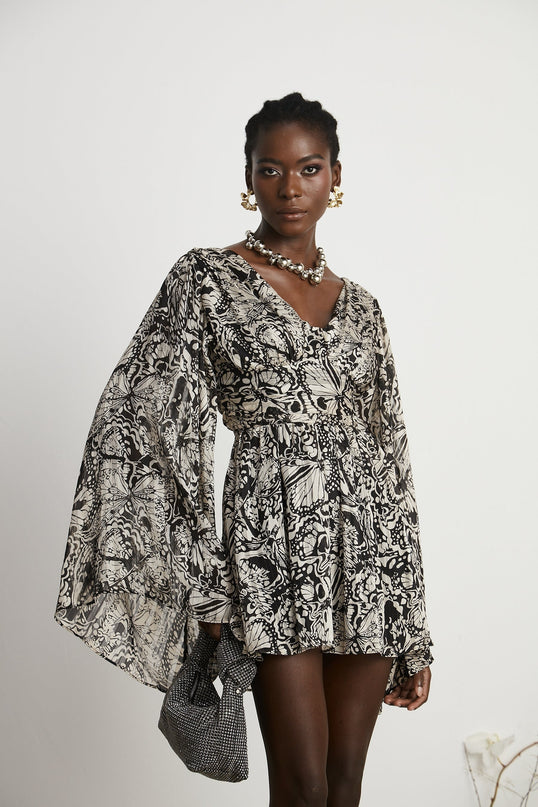 Joanna Black and White Silk Mini Dress with Cut-Out Design