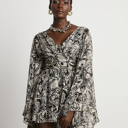 Joanna Black and White Silk Mini Dress with Cut-out Design and V-neckline