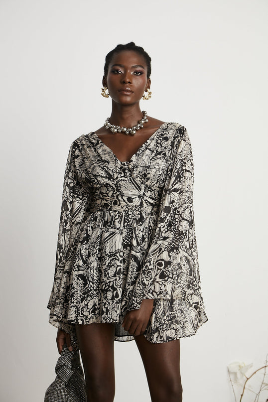 Joanna Black and White Silk Mini Dress with Cut-out Design and V-neckline