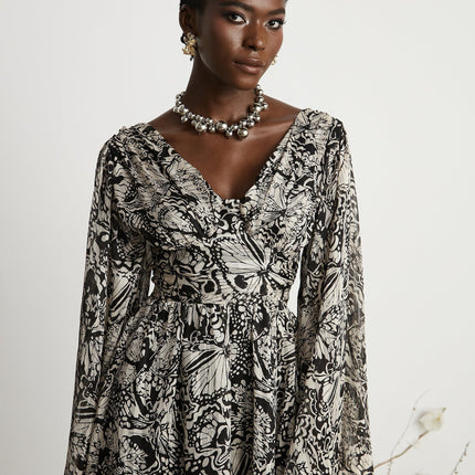 Joanna Black White Silk Mini Dress V-neck Cut-out Pattern Print Long Sleeves Chic Elegant
