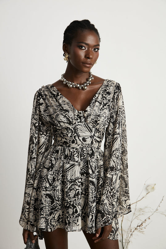 Joanna Black White Silk Mini Dress V-neck Cut-out Pattern Print Long Sleeves Chic Elegant
