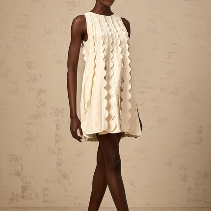 Joanna White Knitted Mini Dress with Wavy Detailing and Rear Tie Fastening