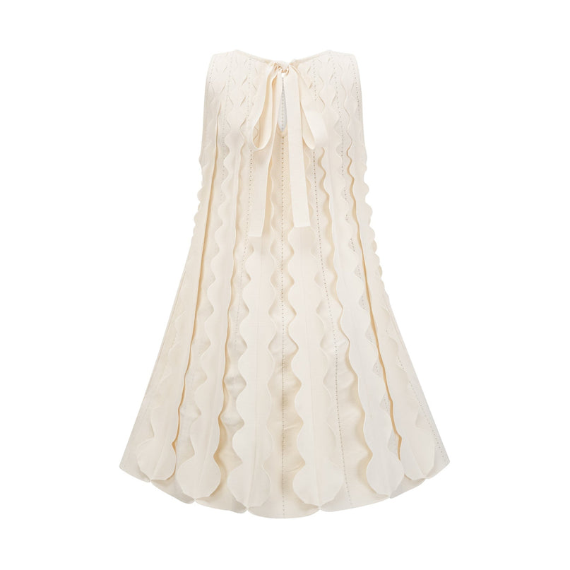 Joanna White Knitted Mini Dress with Wavy Detailing and Rear Tie Fastening