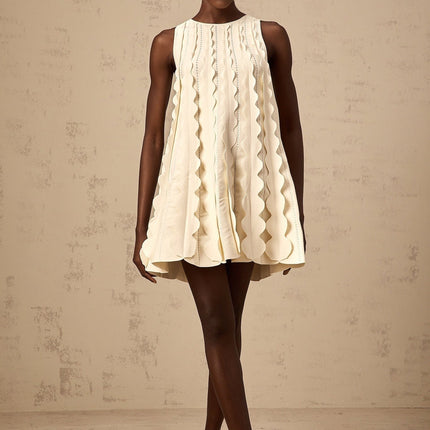 Joanna White Knitted Mini Dress with Wavy Detailing and Tie Fastening
