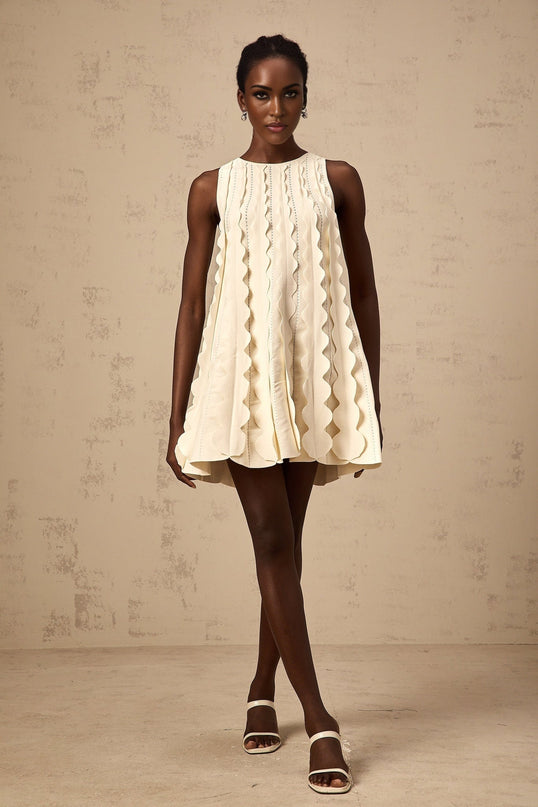 Joanna White Knitted Mini Dress with Wavy Detailing and Tie Fastening