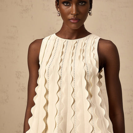 Joanna White Knitted Mini Dress with Wavy Detailing and Rear Tie Fastening