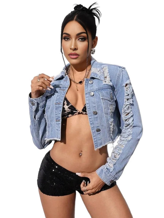 Jocelyn Cropped Denim Jacket with Trendy Ripped Design in Blue - XS