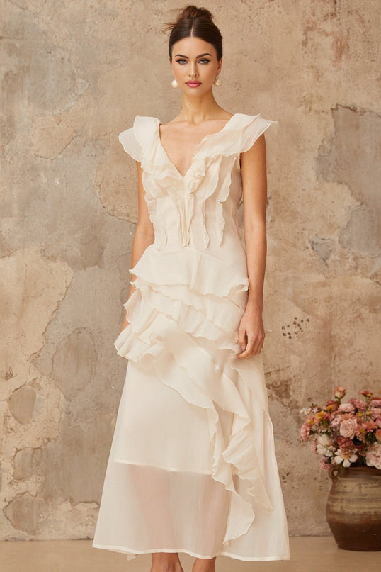 Jocelyn Maxi Dress Neutrals Ruffled Floral Elegance Terylene Fiber V-Neck Cap Sleeves Cinched Waist Faux-Flower Detailing Asymmetrical Hem Rear Zip Tie Fastening Romance Refinement
