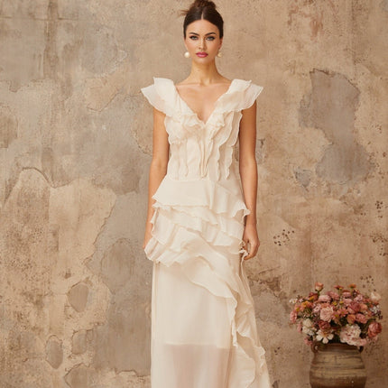 Jocelyn Maxi Dress Neutrals Ruffled Floral Elegance V-Neck Cap Sleeves Cinched Waist Faux-Flower Detailing Asymmetrical Hem Rear Zip Tie Fastening