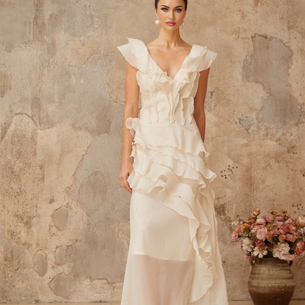 Jocelyn Maxi Dress Neutrals Ruffled Floral Asymmetrical Hem Terylene Fiber V-Neck Cap Sleeves Cinched Waist Faux-Flower Detailing Rear Zip Tie Fastening