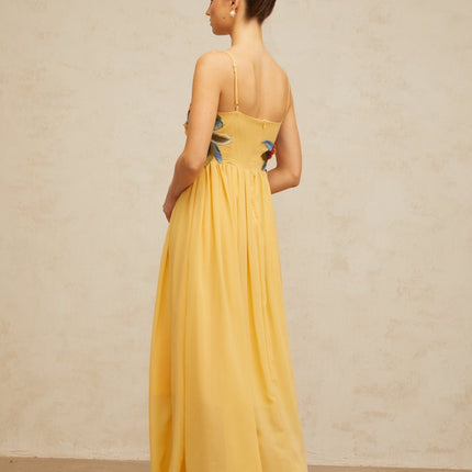Jocelyn Yellow Floral Embroidered Maxi Dress with Square Neck and Adjustable Straps