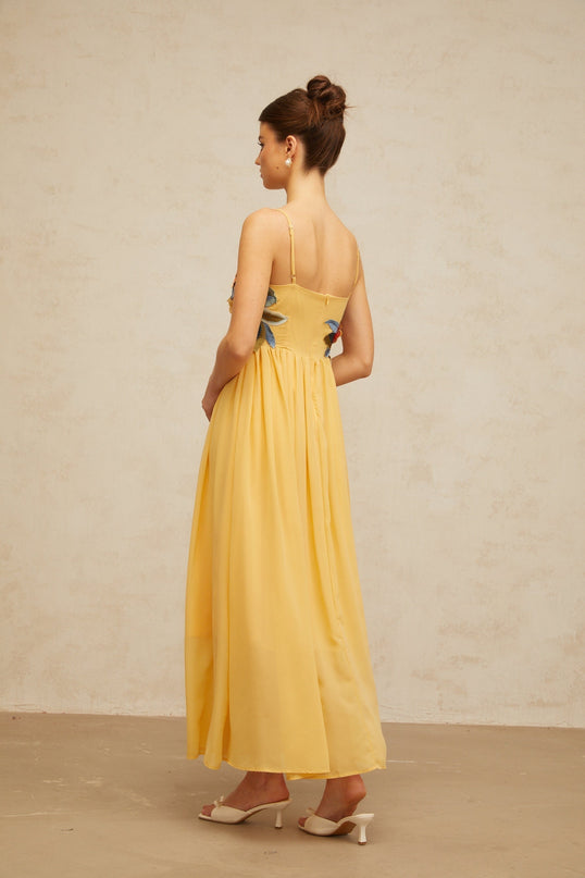 Jocelyn Yellow Floral Embroidered Maxi Dress with Square Neck and Adjustable Straps