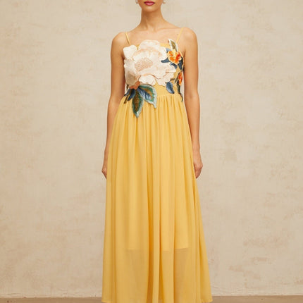 Jocelyn Yellow Floral Embroidered Maxi Dress with Square Neck and Adjustable Spaghetti Straps