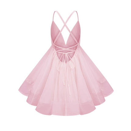 Jocelyn Mini Dress in Pink sleeveless V-neck shirred effect asymmetrical flounce hem luxurious blend Tencel Terylene fiber refined style