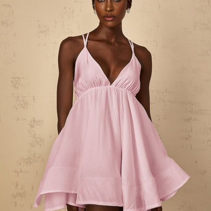 Jocelyn Mini Dress Pink V-neck Sleeveless Self-tie Cross-over Straps Shirred Asymmetrical Flounce Hem Thigh-length Luxurious Blend Tencel Terylene Fiber