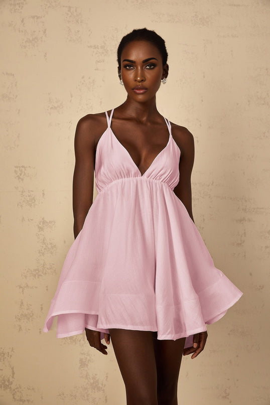 Jocelyn Mini Dress Pink V-neck Sleeveless Self-tie Cross-over Straps Shirred Asymmetrical Flounce Hem Thigh-length Luxurious Blend Tencel Terylene Fiber