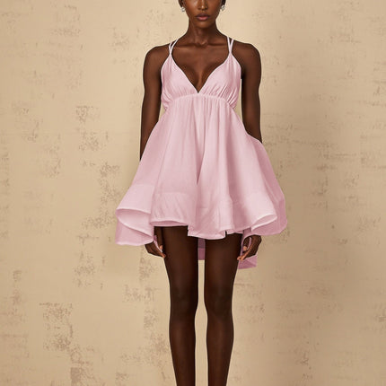 Jocelyn Mini Dress in Pink sleeveless V-neck shirred asymmetrical flounce hem Tencel Terylene fiber