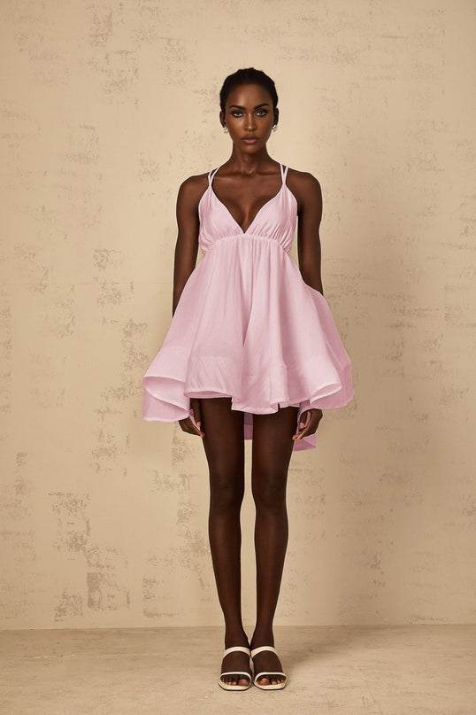 Jocelyn Mini Dress in Pink sleeveless V-neck shirred asymmetrical flounce hem Tencel Terylene fiber