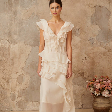 Jocelyn Neutrals Ruffled Floral Maxi Dress