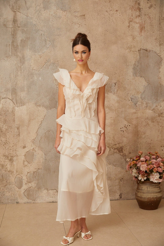 Jocelyn Neutrals Ruffled Floral Maxi Dress