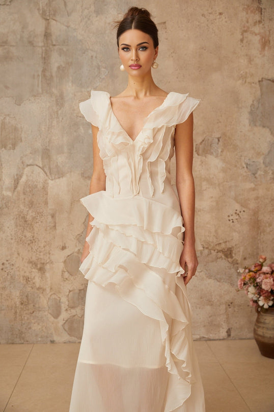 Jocelyn Neutrals Ruffled Floral Maxi Dress