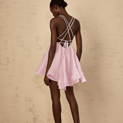 Jocelyn Pink Mini Dress with V-Neck and Sleeveless Design in Luxurious Tencel and Terylene Fiber