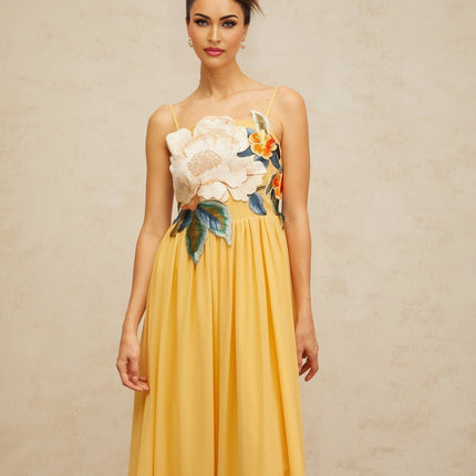 Jocelyn Yellow Floral Embroidered Maxi Dress Square Neck Sleeveless Adjustable Spaghetti Straps Fitted Waistline Floral Embroidery Shirred Effect Fully Lined Rear Zip Fastening Maxi Length Terylene Fiber