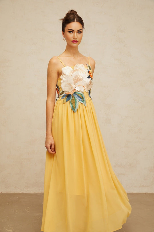 Jocelyn Yellow Floral Embroidered Maxi Dress Sleeveless Square Neck Adjustable Spaghetti Straps Fitted Waistline Shirred Effect Fully Lined Rear Zip Fastening Terylene Fiber