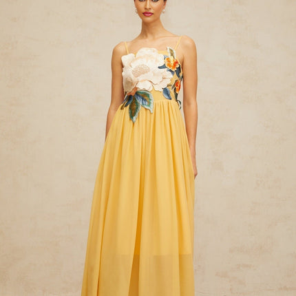 Jocelyn Yellow Floral Embroidered Maxi Dress Square Neck Sleeveless Adjustable Spaghetti Straps Fitted Waistline Intricate Embroidery Shirred Effect Fully Lined Rear Zip Fastening 100% Terylene Fiber