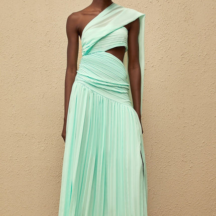 Johanna Green Maxi Dress asymmetrical one-shoulder cut-out details pleated ribbon side slit sleeveless luxury style Terylene fiber comfort glamour