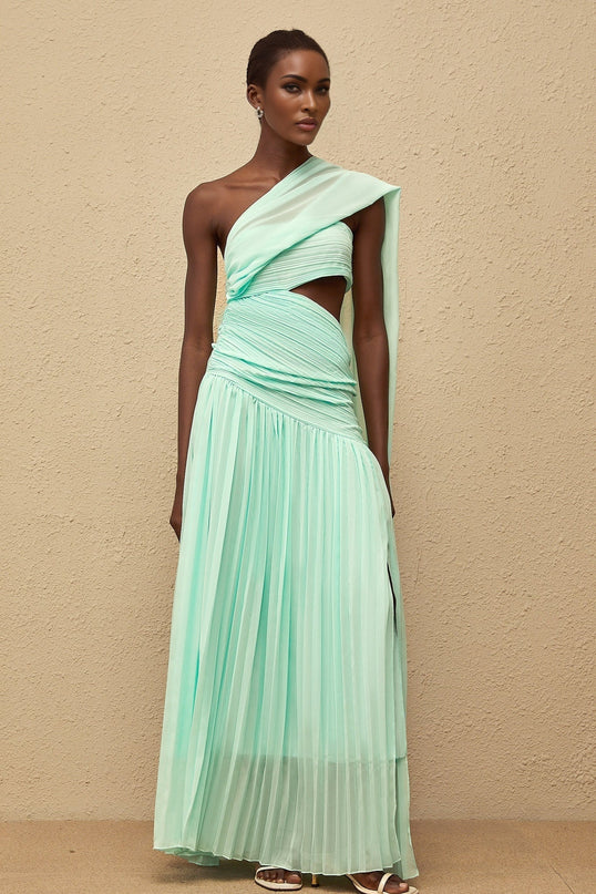 Johanna Green Maxi Dress asymmetrical one-shoulder cut-out details pleated ribbon side slit sleeveless luxury style Terylene fiber comfort glamour
