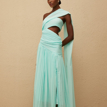 Johanna Green Maxi Dress with One-Shoulder Silhouette and Cut-Out Details